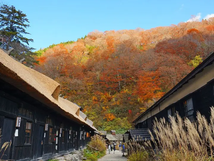 Thatched wooden lodge buildings of Tsurunoyu Onsen below a hillside of autumn foliage