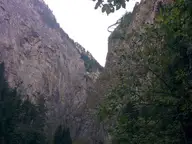 Steep rock walls of the Orrido gorge above the Pré Saint Didier thermal baths
