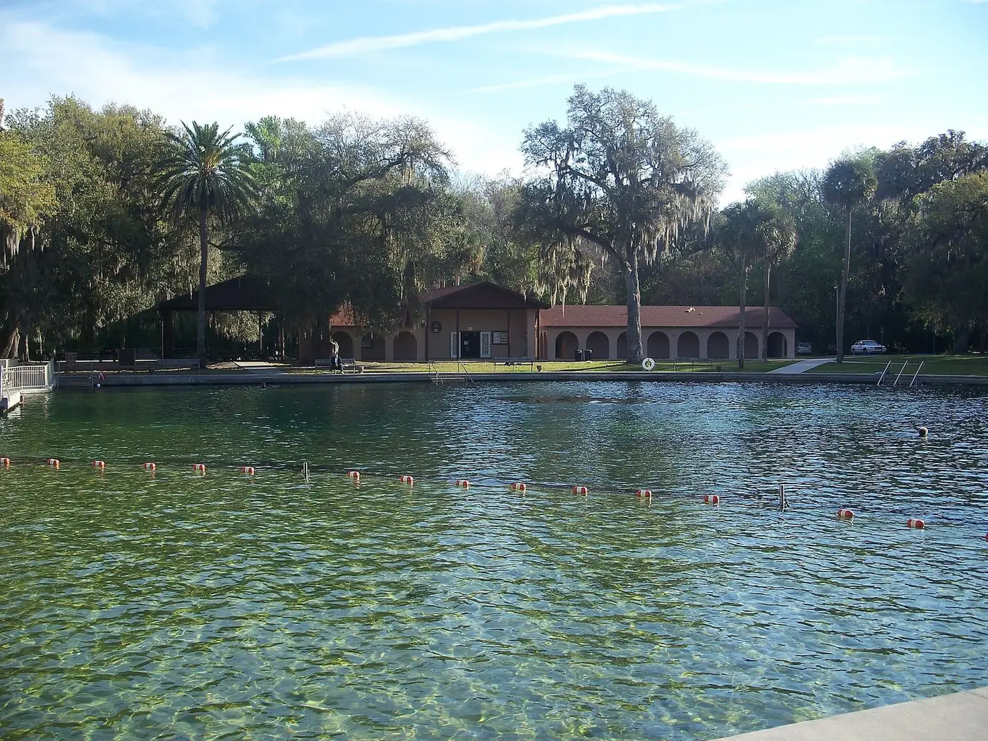 Clear swimming area of De Leon Springs with a roped line and red roofed park buildings beyond