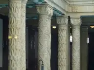 Carved stone columns around the indoor thermal pool of the Gellért Bath, now closed for renovation