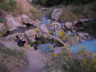 Milky blue pools and small waterfalls among boulders at Fifth Water Hot Springs with yellow sunflowers