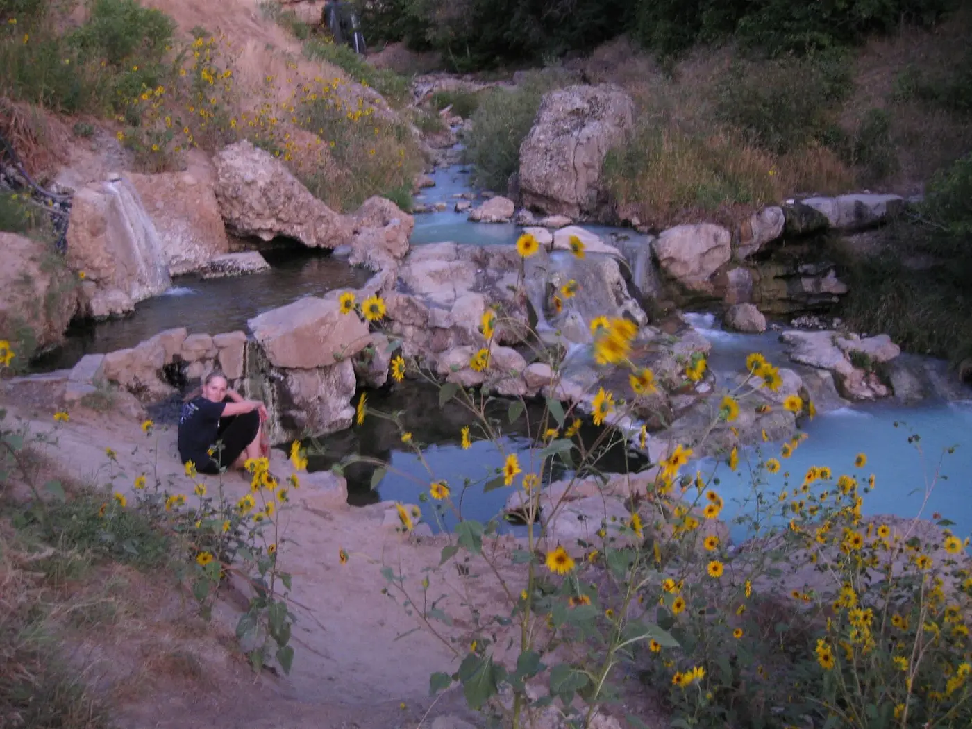 Milky blue pools and small waterfalls among boulders at Fifth Water Hot Springs with yellow sunflowers