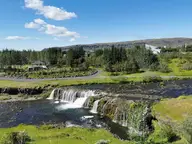 Reykjafoss waterfall on the Varmá river in Hveragerði near the Laugaskarð pool