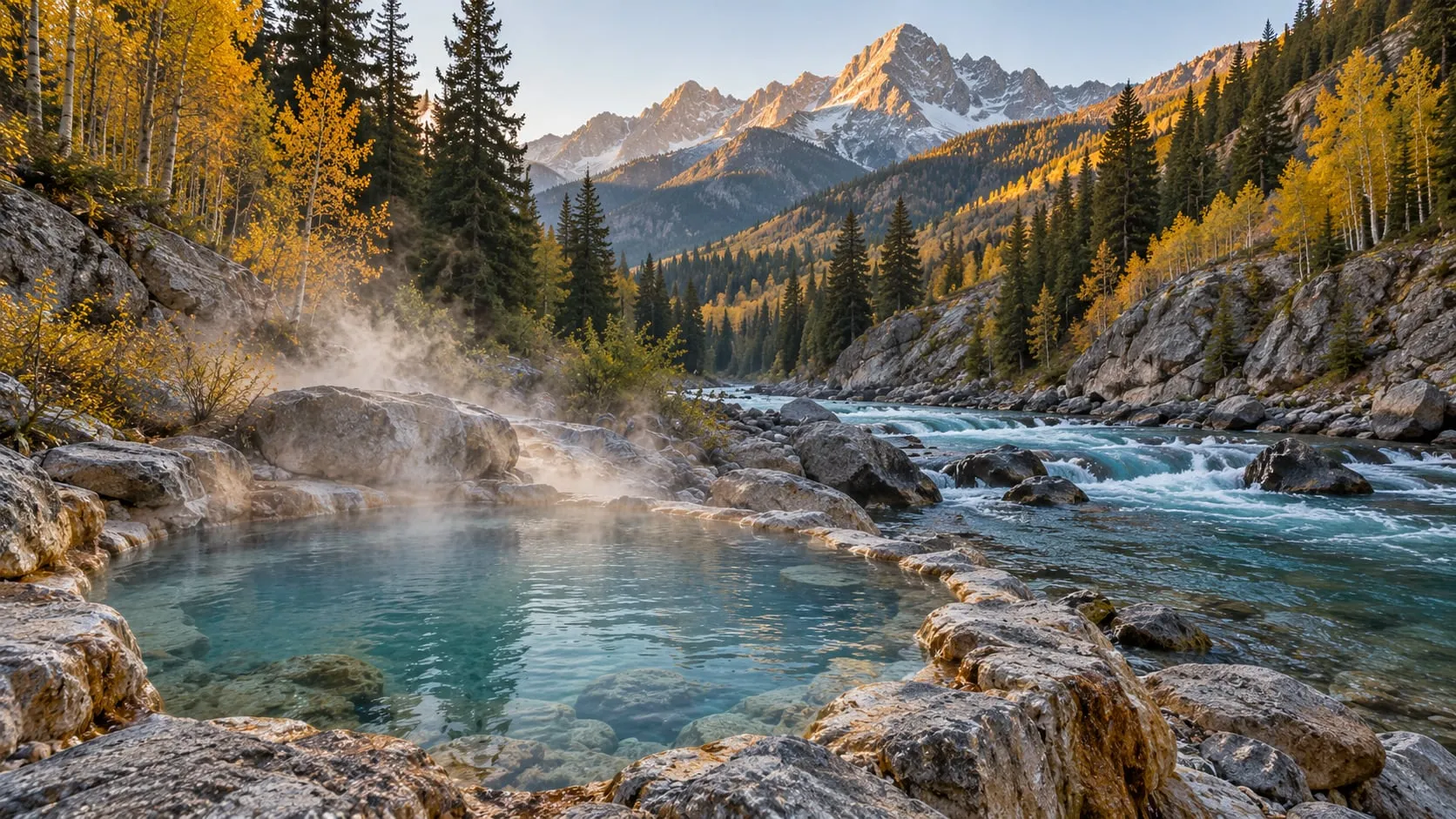 Steam rising off a riverside hot spring pool in a mountain canyon with autumn aspens