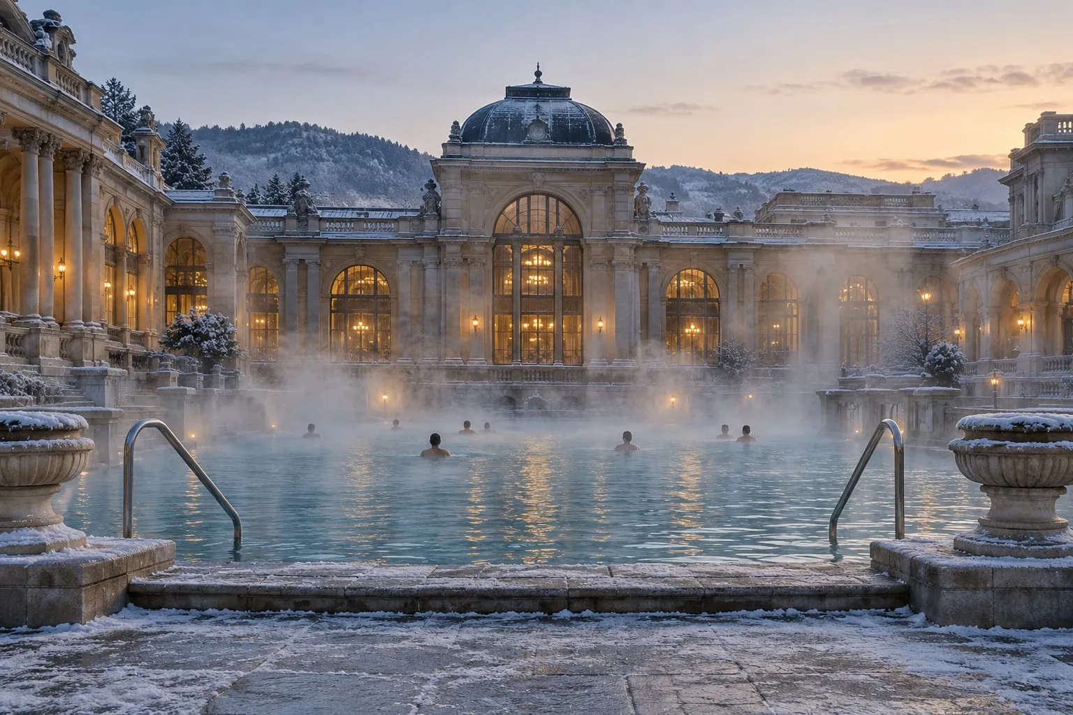 Steaming outdoor thermal bath in front of a domed historic spa building on a winter evening